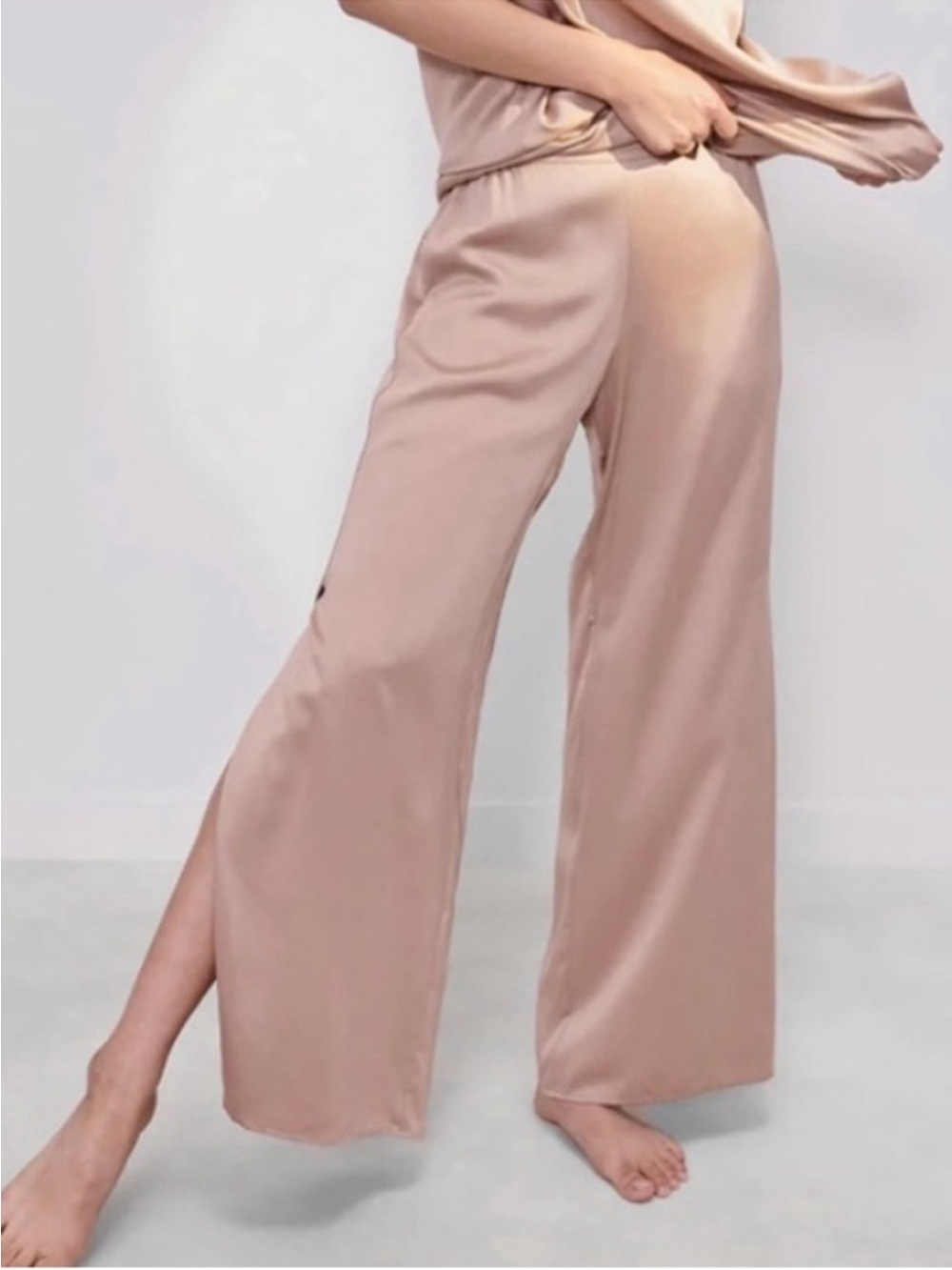 Lunya Washable Silk Wide Leg Pant Otium Tan Pink Medium